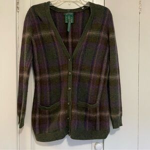 Lauren Ralph Lauren Lambswool Blend Plaid Sweater Cardigan medium